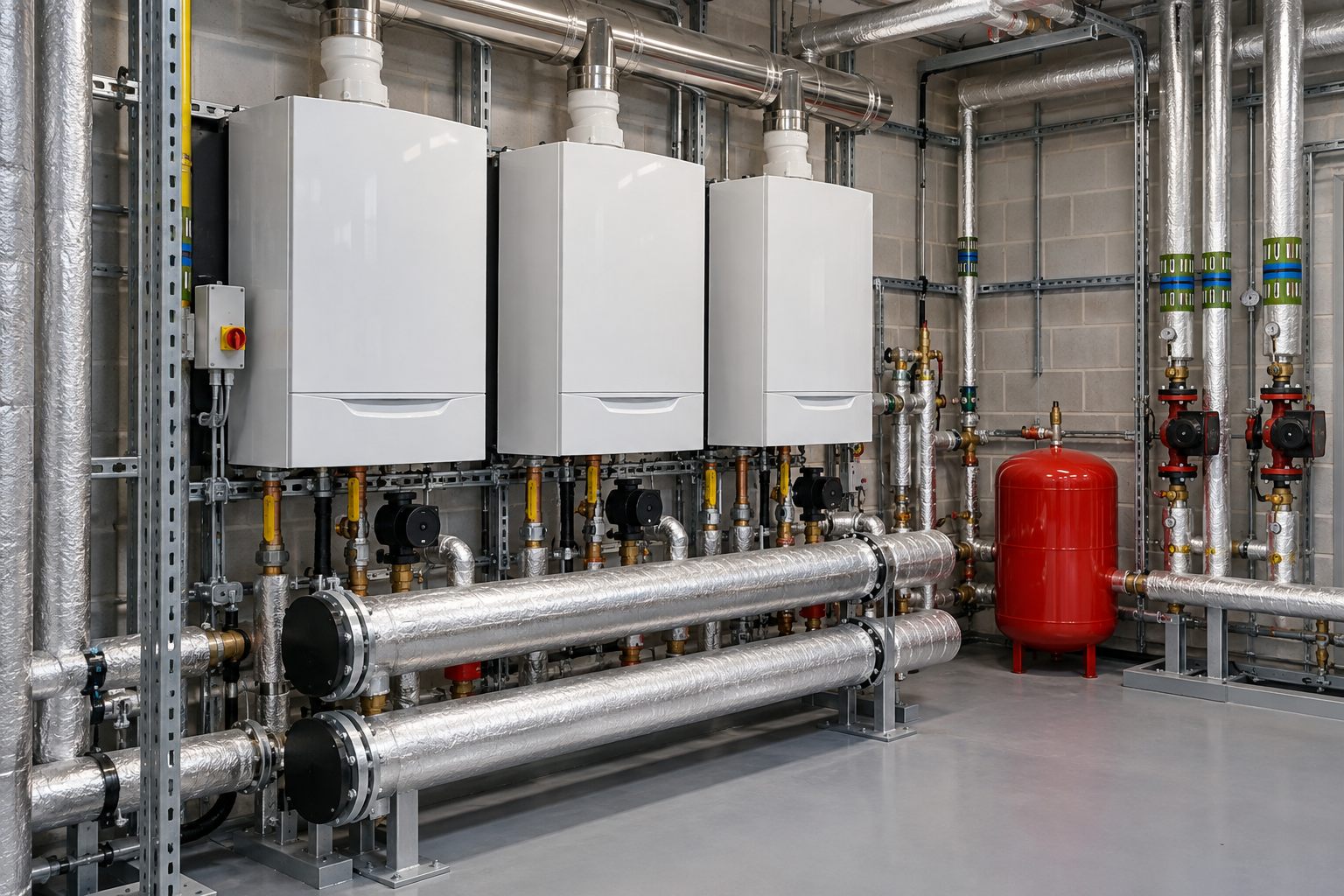 Three enclosed commercial boilers with insulated headers and circulating pumps