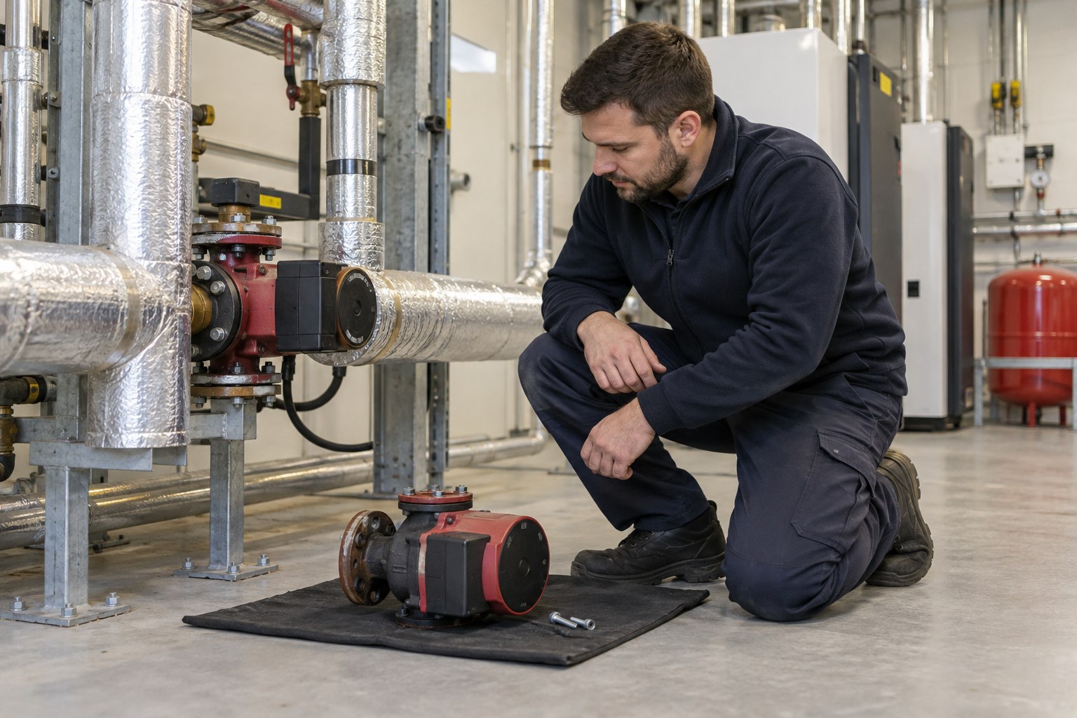 Engineer inspecting a replacement circulation pump beside plant room pipework