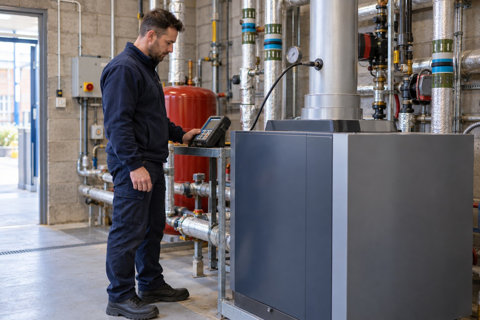 Engineer checking a flue gas analyser beside a floor-standing commercial boiler