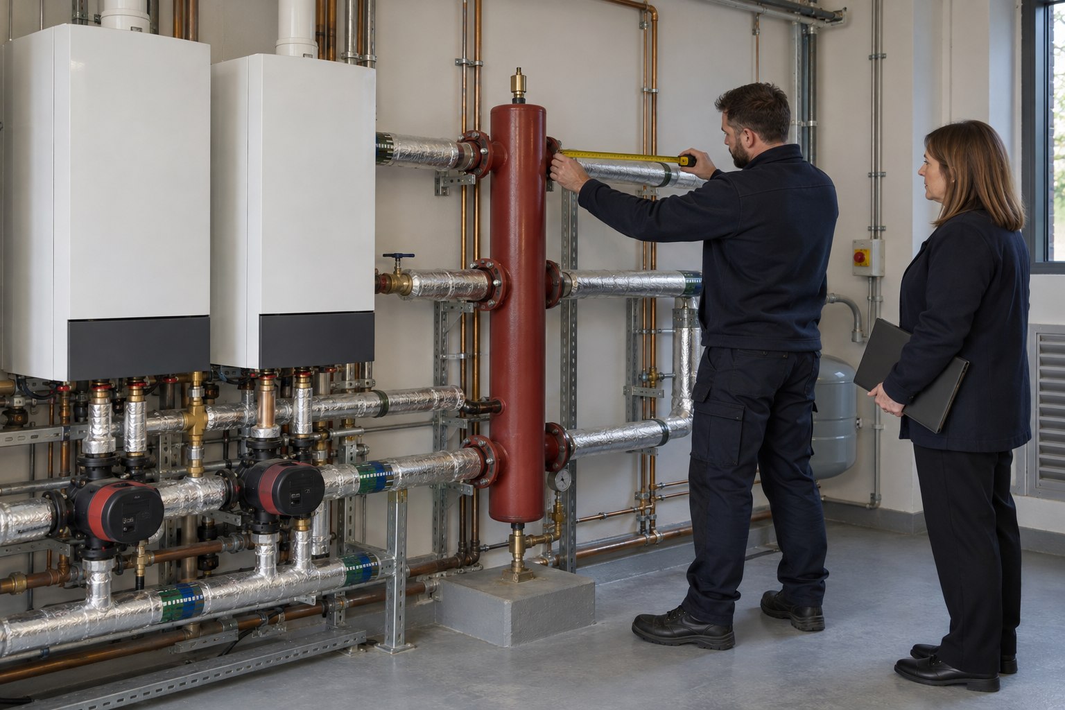 Engineer measuring a pipe route during an office plant room survey