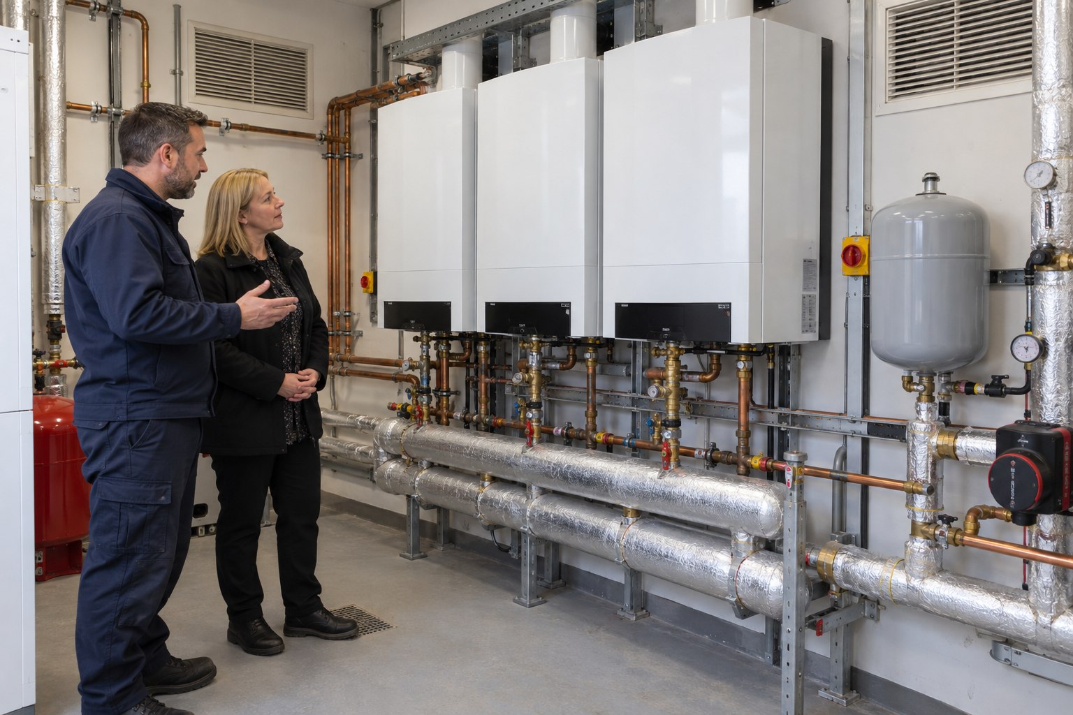 Heating engineer and facilities manager discussing a boiler cascade in a school plant room