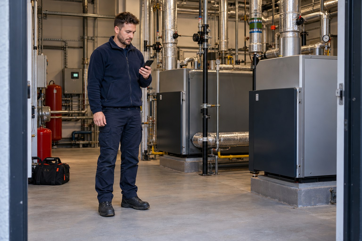 Heating engineer checking a mobile phone at a plant room entrance