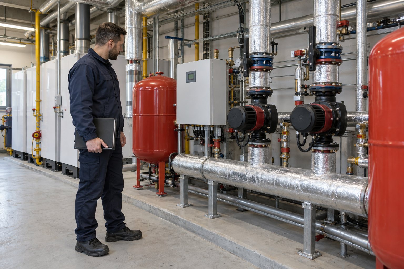 Engineer inspecting pressurisation equipment and expansion vessel during a plant room visit