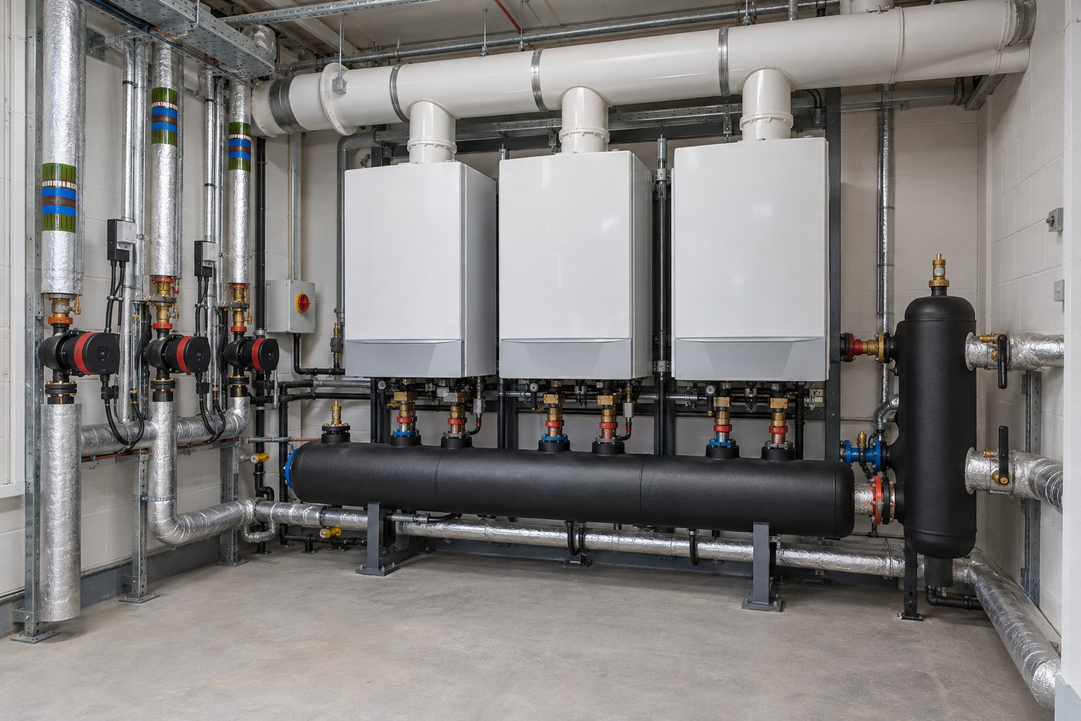 New wall-hung boiler cascade with shared flue and hydraulic header